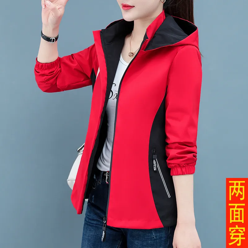 Fashion Hooded Jacket Women Oversize 4XL Spring Jackets Double- Sided Wear Short Coat Female Zip Windproof Casual Outerwear 2387