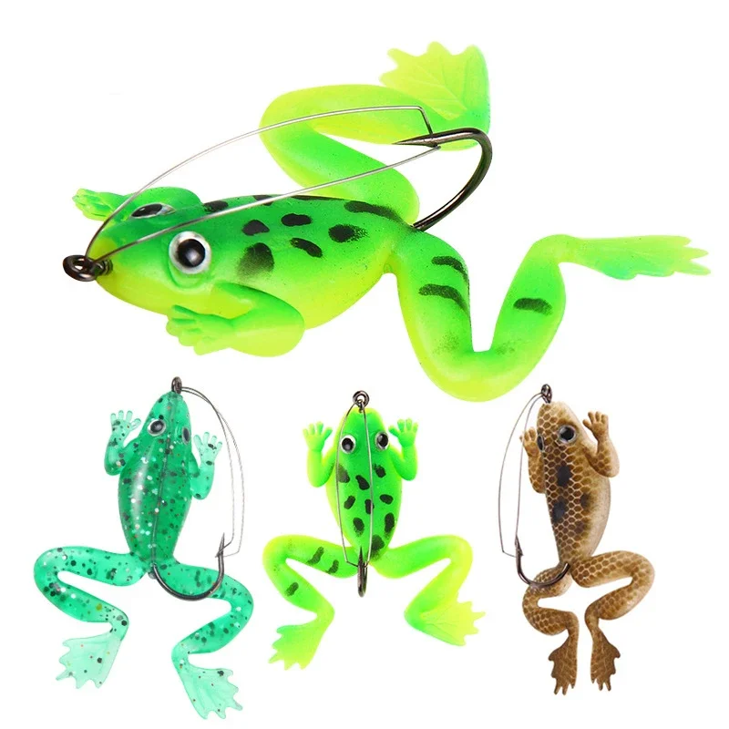 4Pcs Frog fishing Lure Soft Tube Bait Plastic Fishing Lure with Fishing Hooks Topwater Ray Frog Artificial 3D Eyes