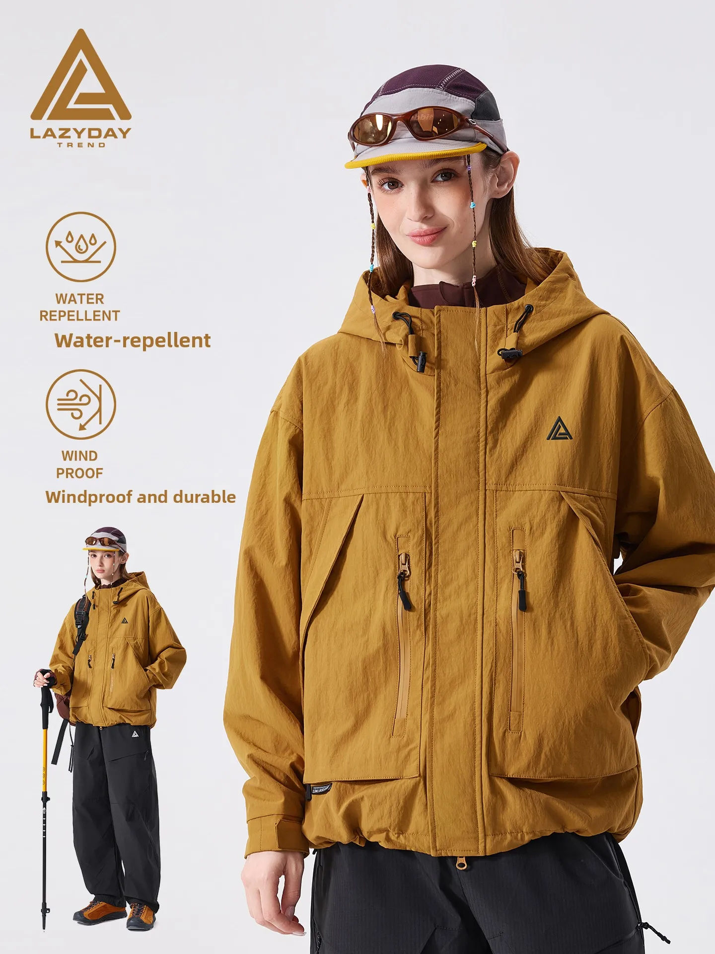 LAZY DAY Outdoor Windproof Hooded Jacket Women's Loose Hiking Coat Autumn Winter Polyester Fiber Nylon Fabric Quick Dry