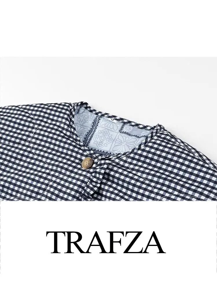 TRAFZA-Jaqueta de Algodão Xadrez Reversível Feminina, Gola Redonda, Decorada com Renda, Single-Breasted, Retro, Elegante, Inverno