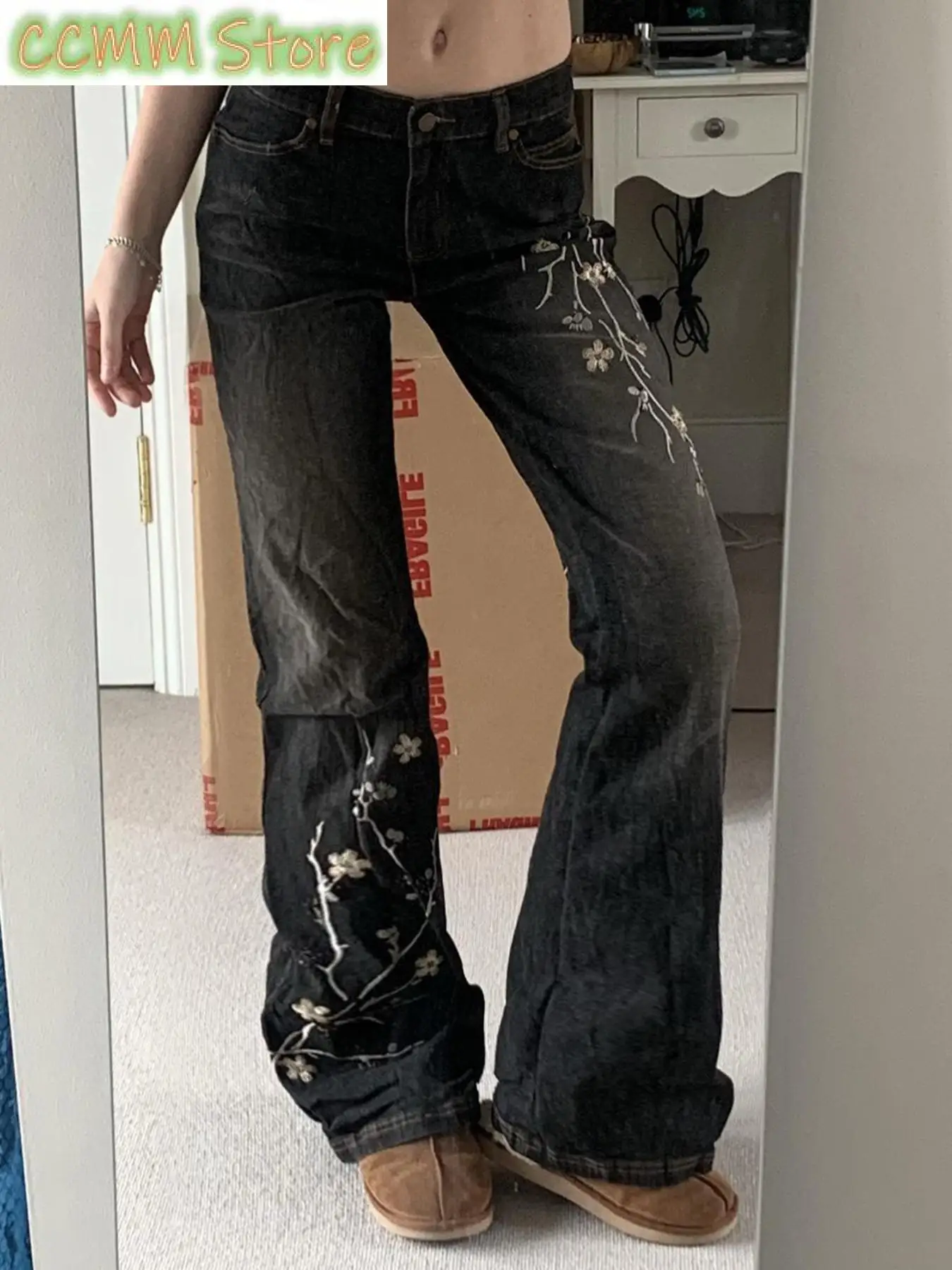 Weekeep Floral Embroidery Jeans Vintage 2000s Low Rise Flared Jeans Women Retro Y2k Baggy Denim Pants High Street Basic Trousers