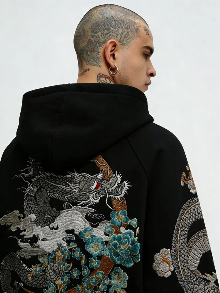 

Men Boys High Street Hoodies Original Yokosuka Sukajan Black All-Match Dragon Phoenix Suzaku Embroidered Pullover Plus Size