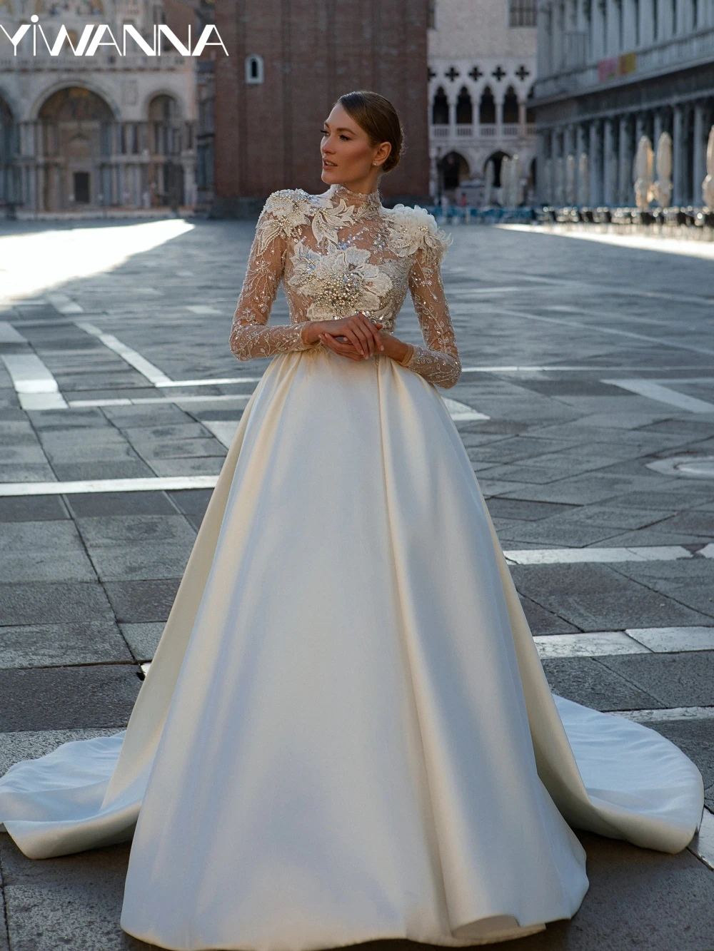 Bescheidene Hochzeits kleid mit hohem Kragen funkelnde Pailletten Perlen Braut Robe elegante A-Linie Appliques lange Brautkleid Robe de Mariée