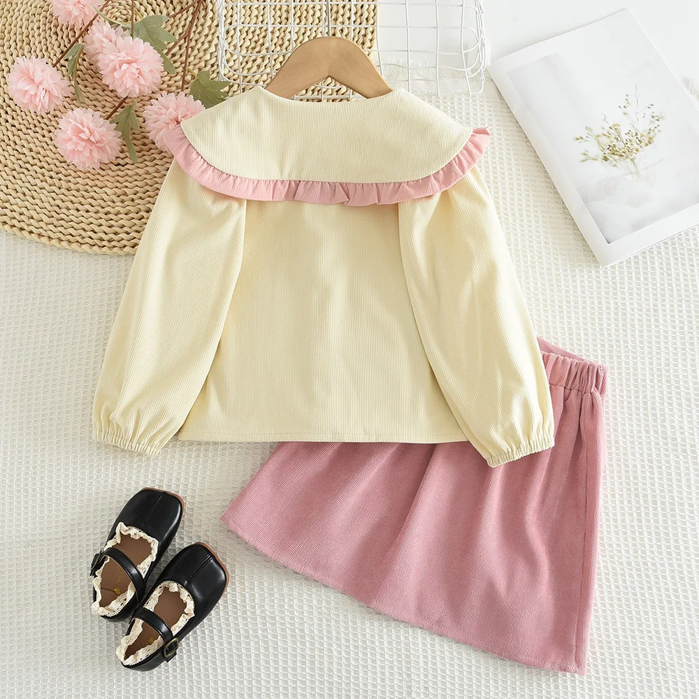 Bear Leader Pink Collar Embroidered Long Sleeved Top+Bow Tie Short Skirt Casual Children's Sets Autumn New Plain Girls Clothes