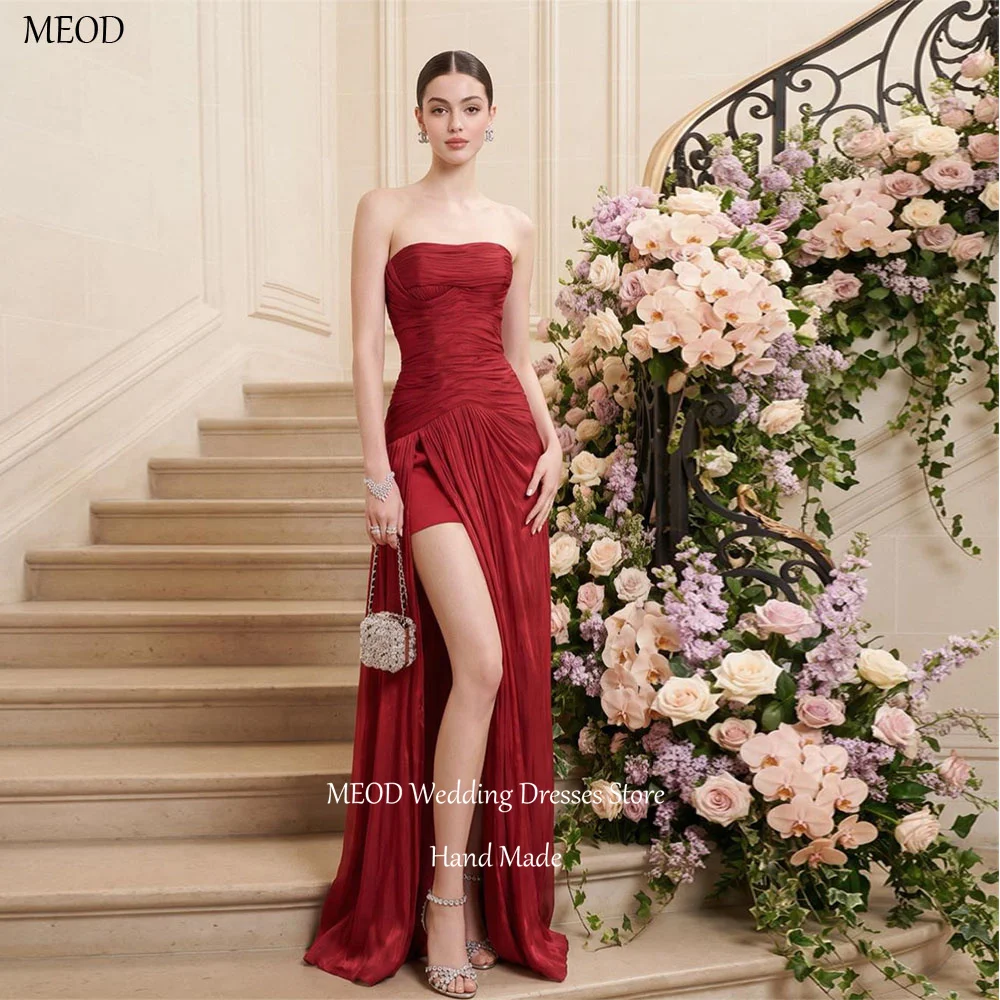 MEOD Burgundy Satin Dresses Wedding Guest Strapless High Slit Vintage Robe De Soirée Sleeveless Modern Hill Dresses Customized
