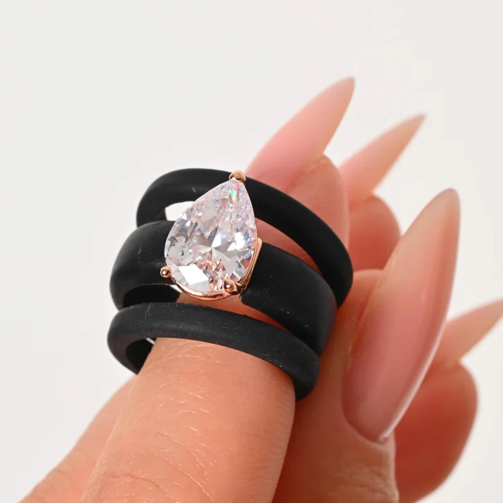 Matte Black 3 Layer Silicone Ring Pear Shape Cubic Zirconia Rose Gold Prong Wedding Rubber Rings For Women