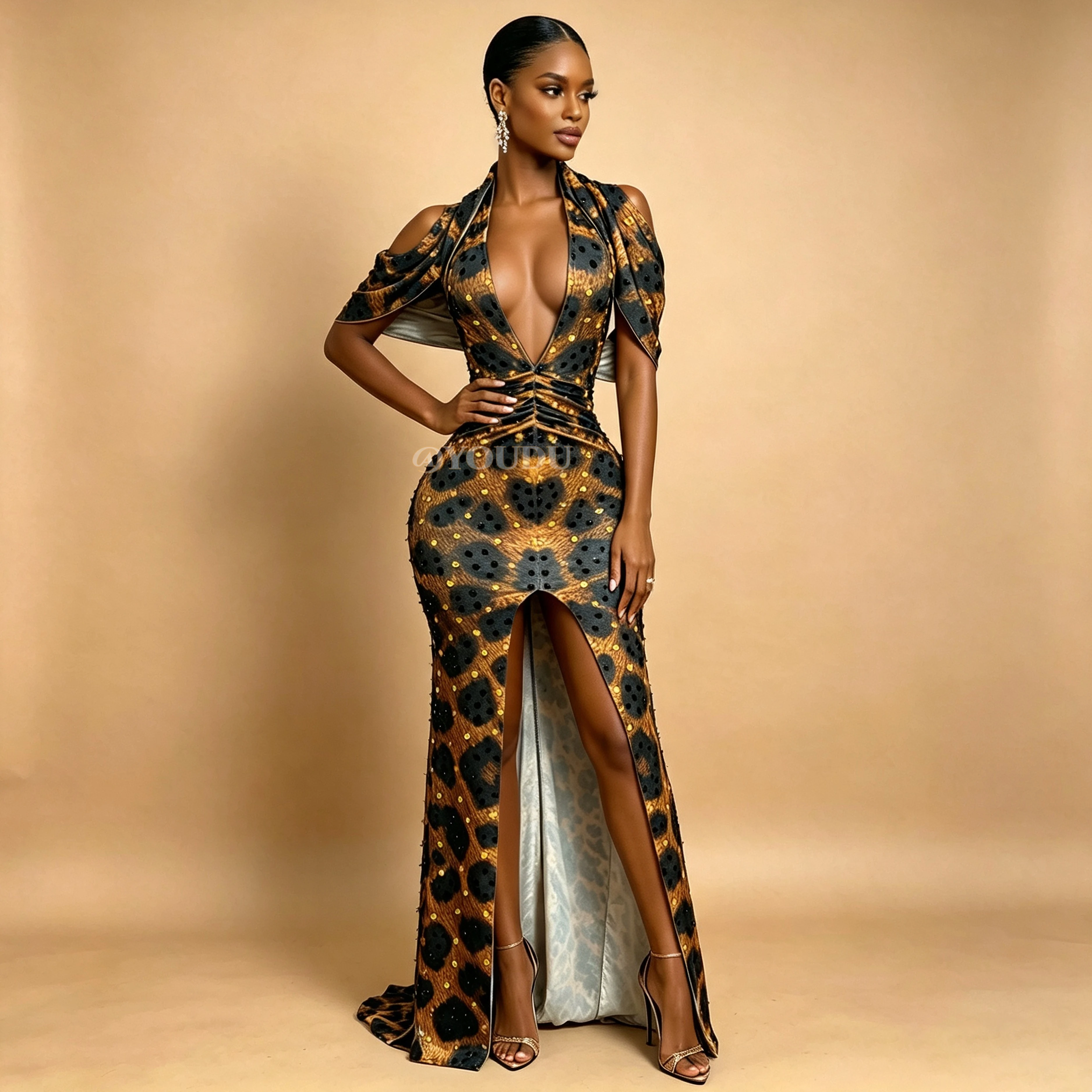 High-end Shining Rhinestones Leopard Print Sexy V-neck Tippet Dress Women Evening Party Gown Red Carpet Show Stage Outfit Baozha