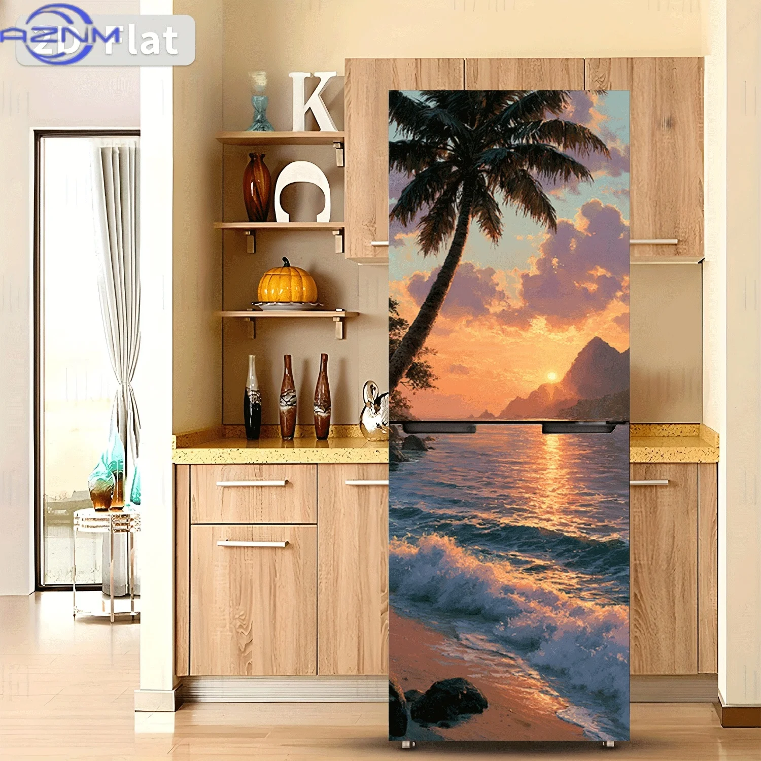 [2D Flat Printing] 1pc Refrigerator Sticker Coconut Shore Sunset Molten Golden Theme Design Wall Decoration Self-Adhesive Suit