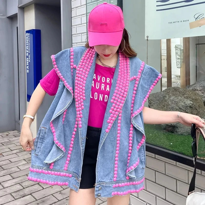 

European Style Denim Vest 2024 Autumn New Fashion Bead Heavy Back Letter Loose All-Matching Streetwear Jeans Vest Women's Coat