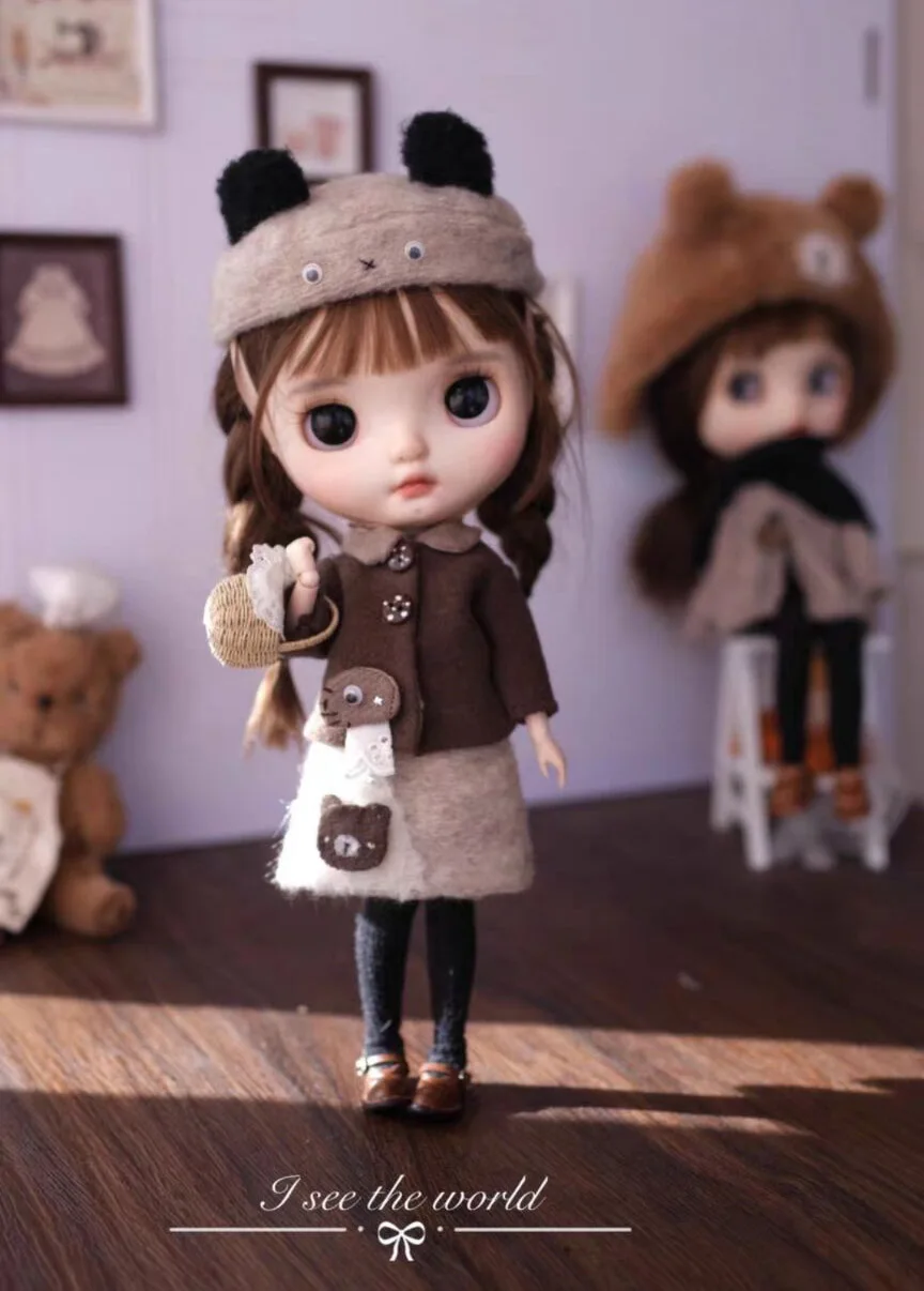 

4 шт. 2024 милый стиль медведь Blythe пальто + юбка + колготки + шляпа 1/6 30 см (подходит для Pullip,Ob22/24/26, Licca)