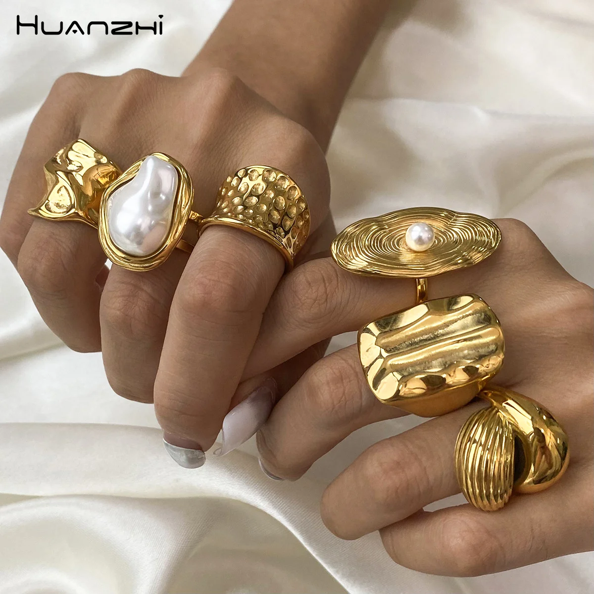 HUANZHI Punk Geometric Wide Multi Line Ring Exaggerated Irregular Chunky Vintage Jewelry for Women Men