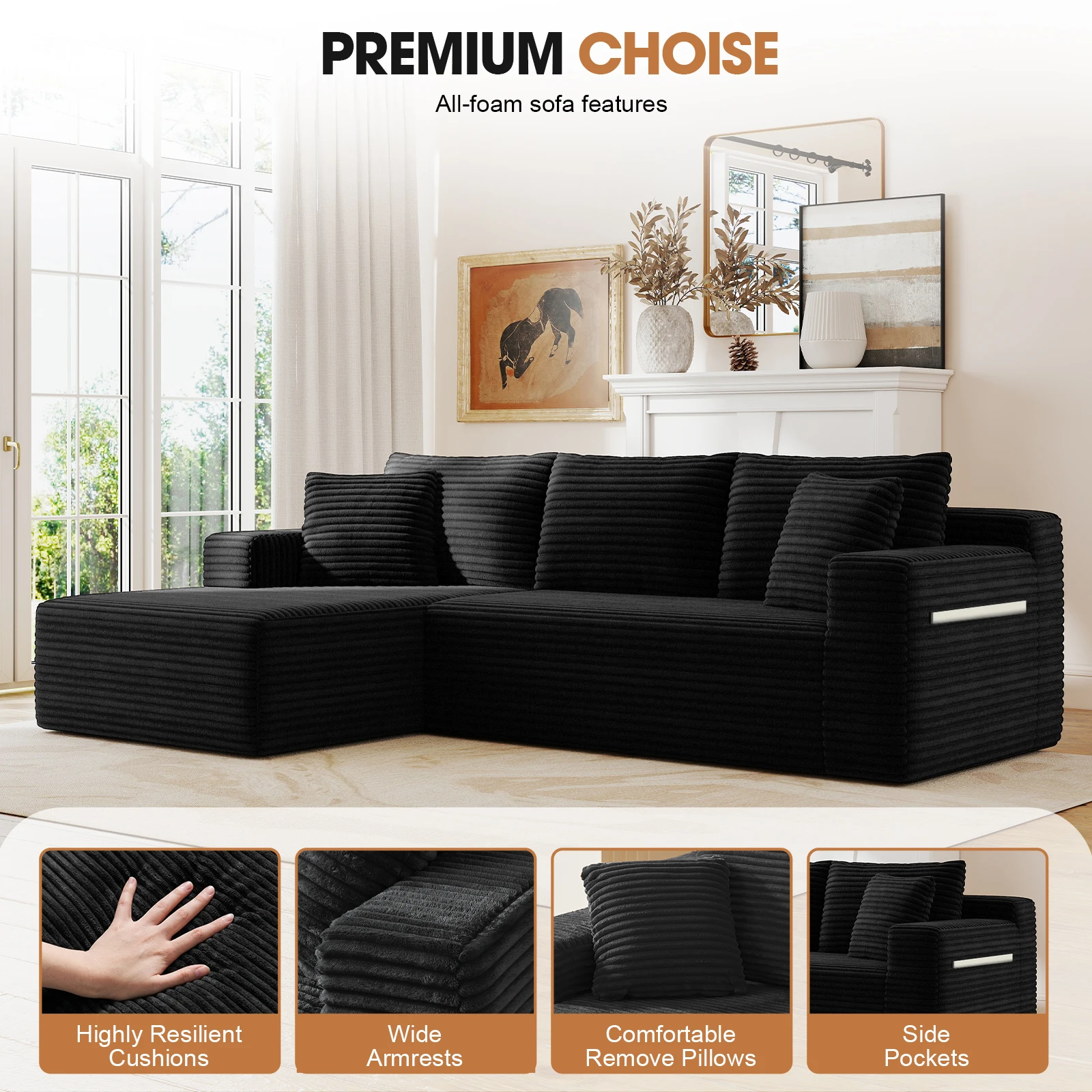 94.5" Cloud Modular Sectional Corduroy Sofa with L-Shape Chaise, No Assembly Deep Seat Corner Couch for Living Room, Black image 6
