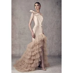 Bowknot Champange Evening Dresses Women One Shoulder Tiered High Quality Sweep Train Floor Length Banquet Celebrity Prom Gowns