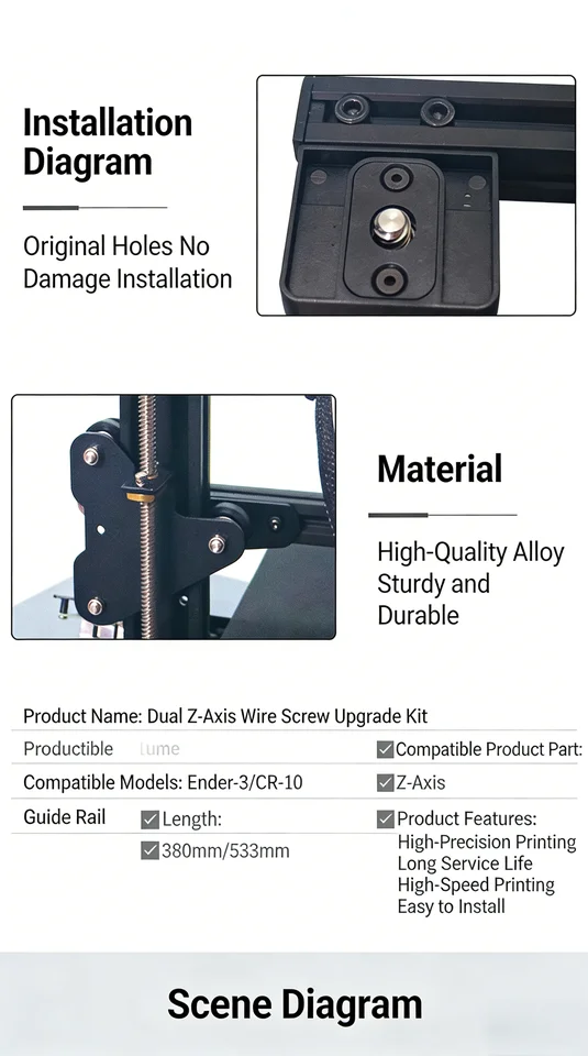 Dual Z-Axis Kit with Lead Screw & Motor, for Ender 3-Style 3D