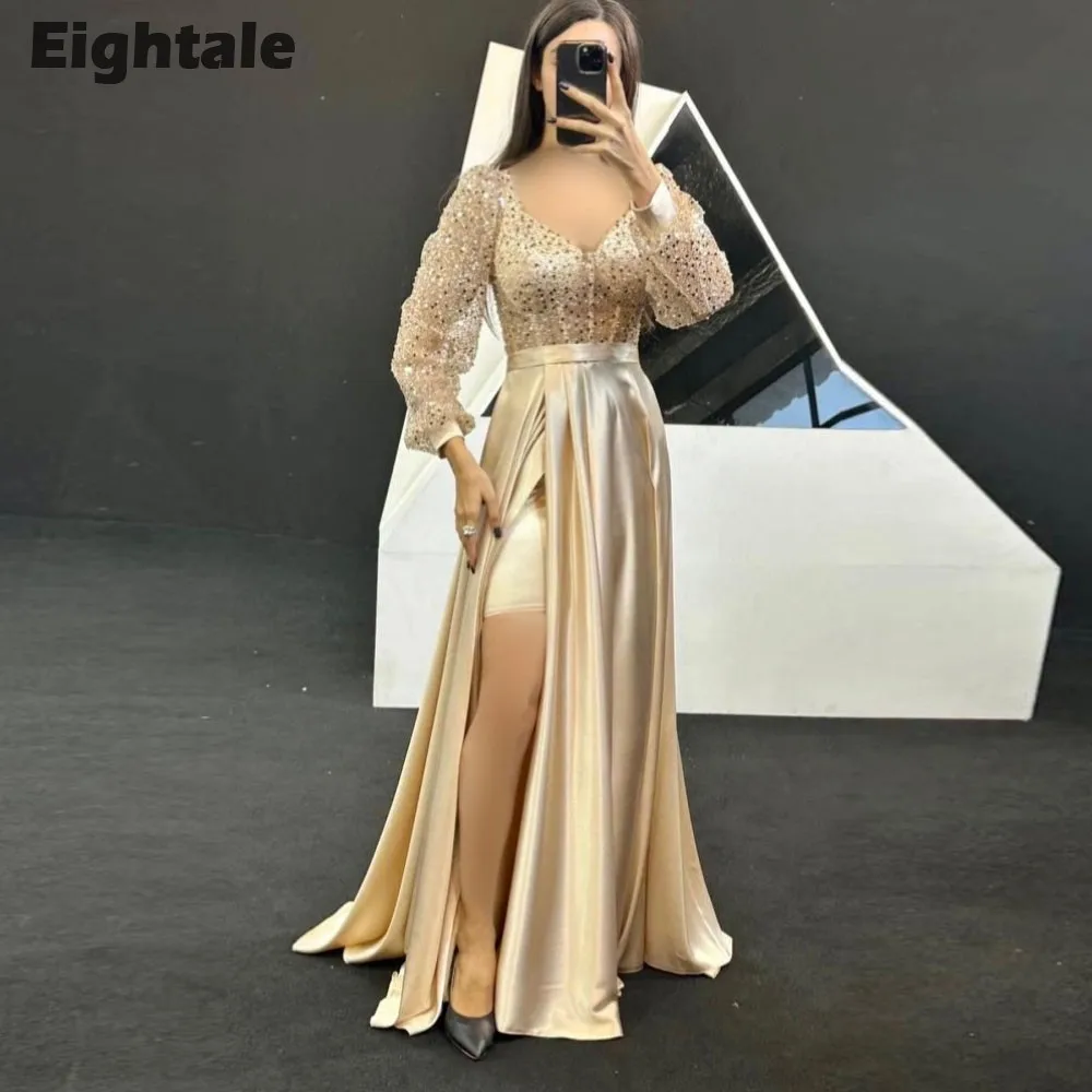 

Eightale Champagne Evening Dresses Sweetheart Long Sleeves Corset Arabic Prom Wedding Party Gown Vestidos De Gala