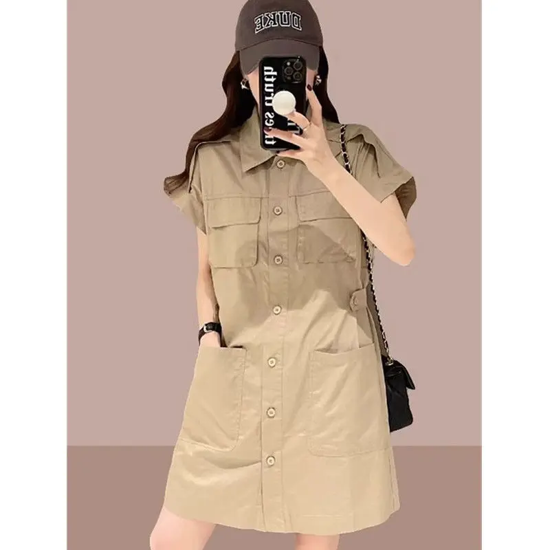 Vestido casual de manga curta feminino, lapela, botão, bolsos emendados, solto, que combina com tudo, monocromático, roupa feminina, verão, novo, moda, 2024