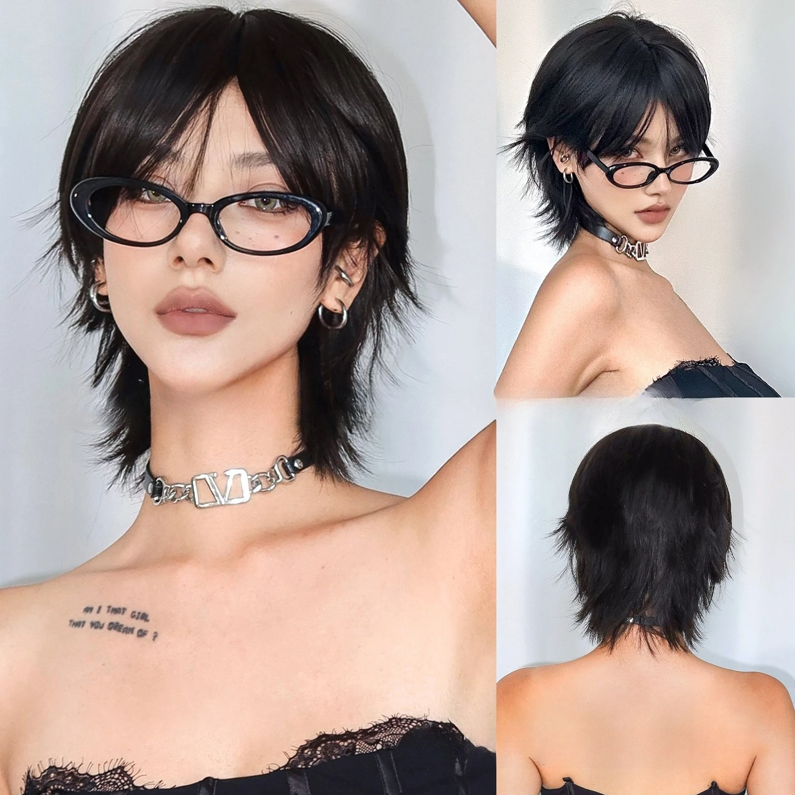 Layered synthetic wig with side-swept bangs, short straight hair, high-temperature resistant fiber, for Halloween cosplay