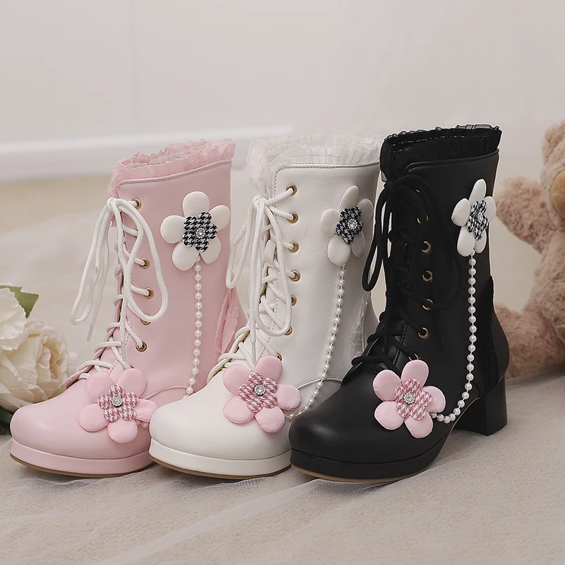 Japanese Mid Calf Boots Chunky Heel Fall-Winter Lace Up Booties Sweet Floral Student Fashion Shoes Nightclub JK Princess Flair