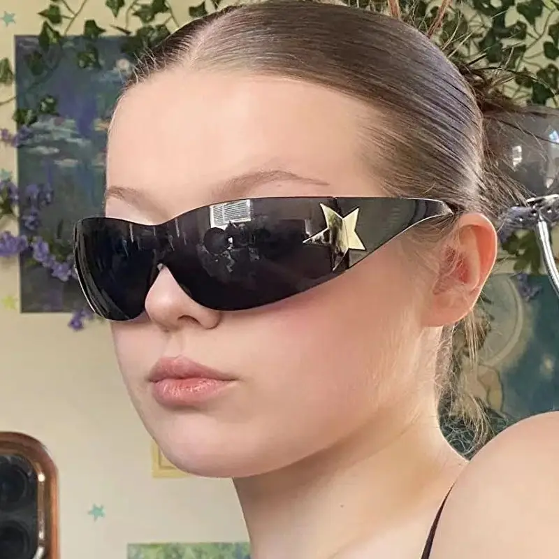 

Цельные солнцезащитные очки с пентаграммой, женские солнцезащитные очки Y2K без оправы с градиентной оберткой, очки в стиле панк для вождения, спортивные очки
