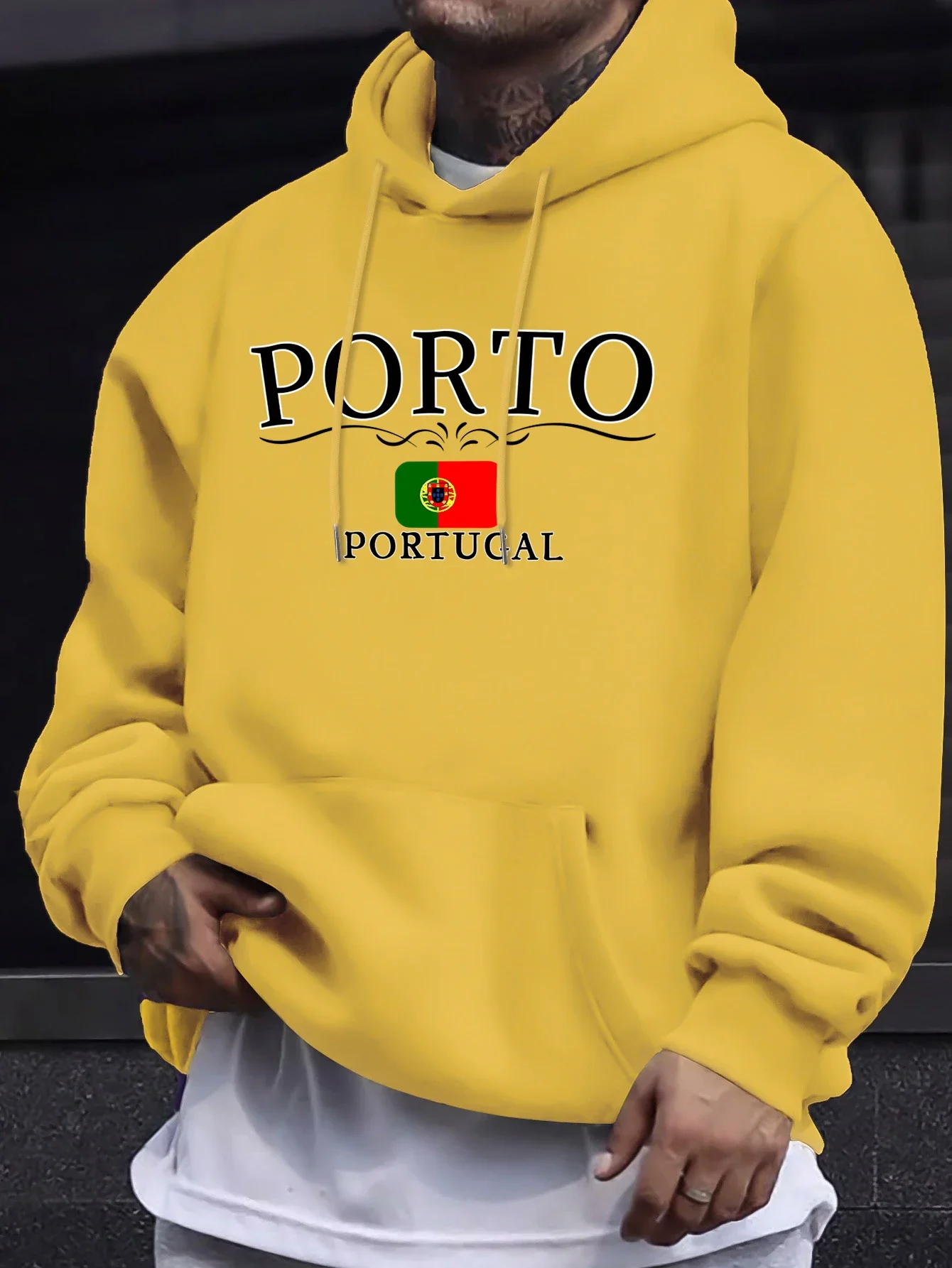 Sweat à capuche doux en polaire pour hommes, imprimé avec la lettre et le drapeau de Porto, Portugal, style streetwear, vêtements de mode pour l'automne