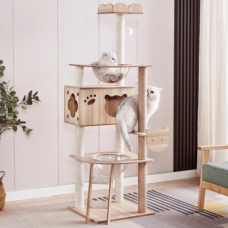 Cat Climbing Frame Wood Nest Scratching Post Sisal Pillar Grinding Paws Jumping Platform Multi-Level Cat Tower Space Saving