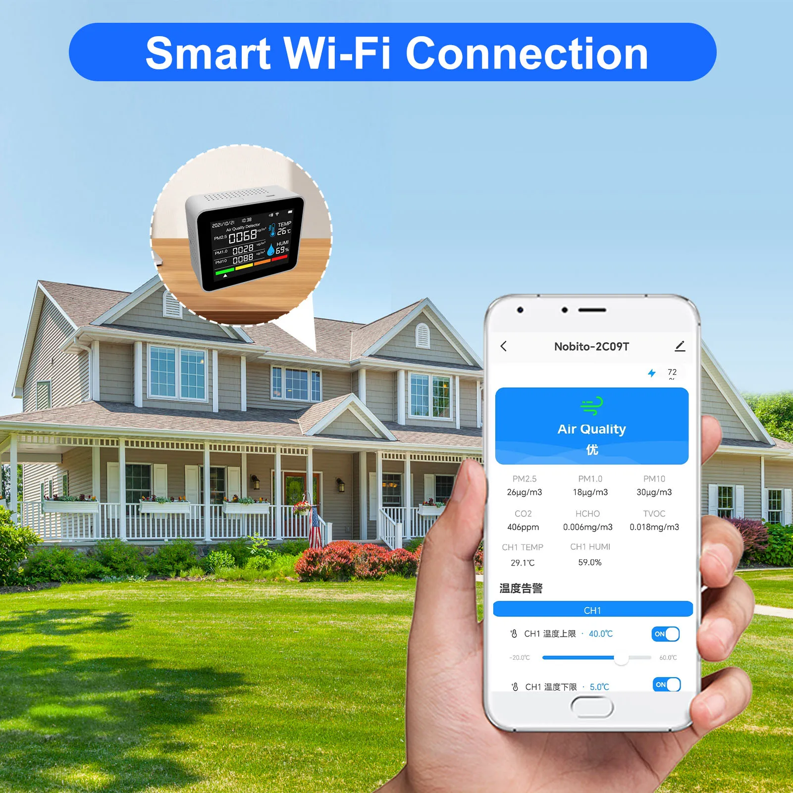 Air Quality Monitor 12 Functions WiFi Thermometer Hygrometer Indoor for Tuya Smart App with 2.8