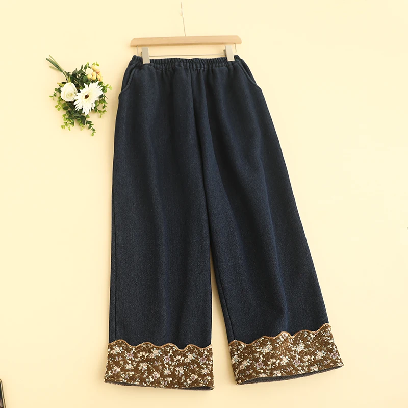 Otoño Invierno dulce Floral Denim pantalones de pierna ancha mujeres cintura elástica pantalones casuales de lana 824-900