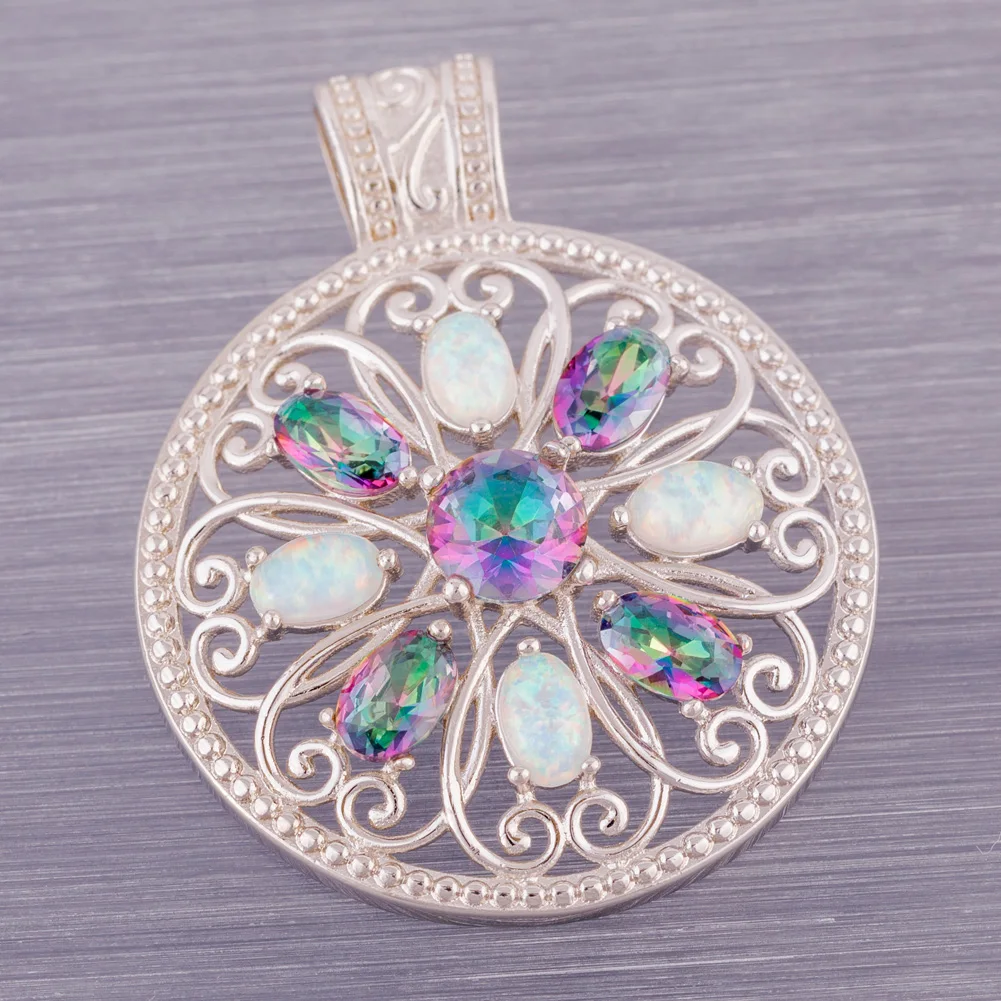 KONGMOON Hollow Large Round Mystic Rainbow Stone White Fire Opal Jewelry for Women Pendant for Necklace