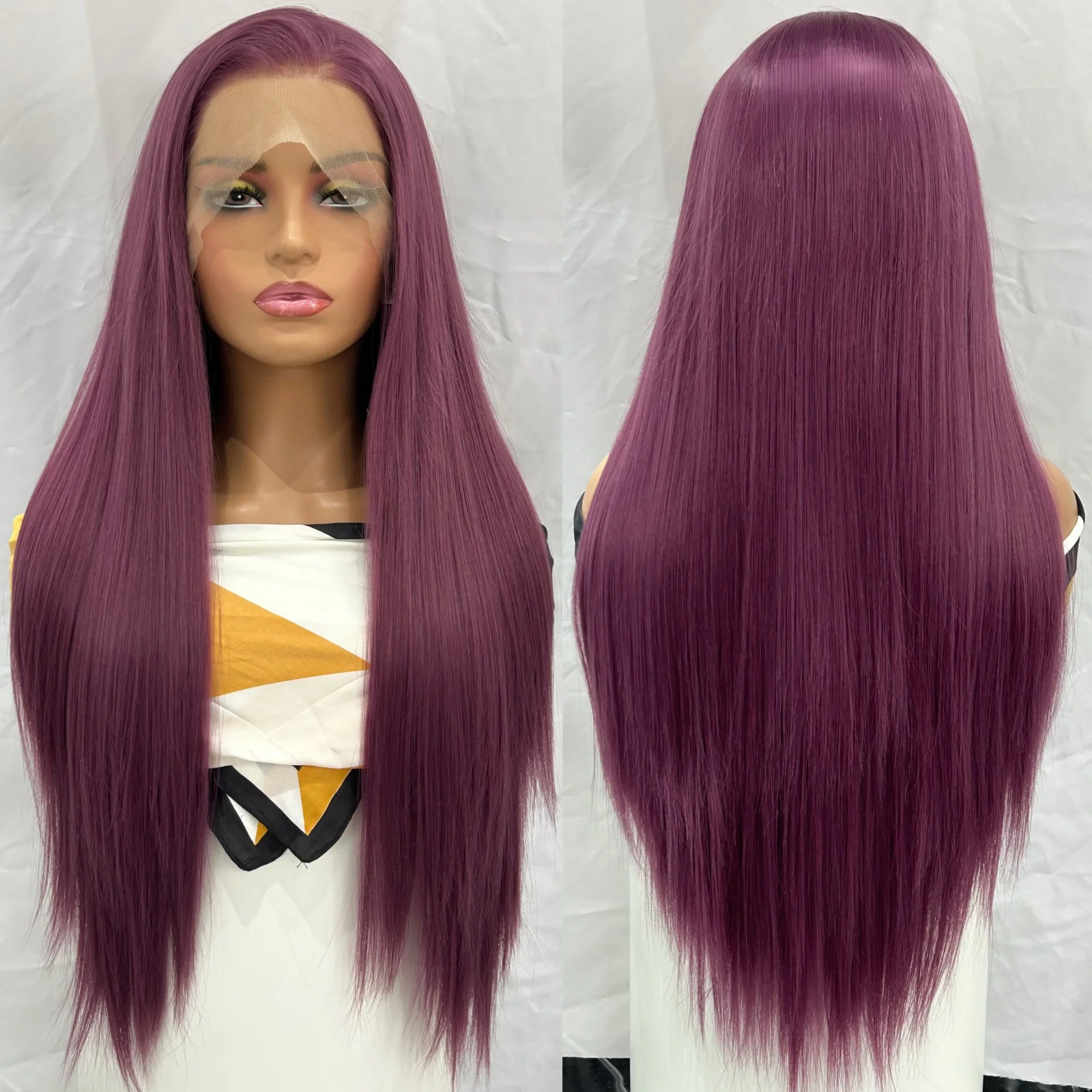 الأرجواني الداكن طويل حريري مستقيم الاصطناعية 13X4 الدانتيل الجبهة الباروكات للنساء جزء مجاني غلويليس ياكي غريب الملونة حفلة تأثيري استخدام