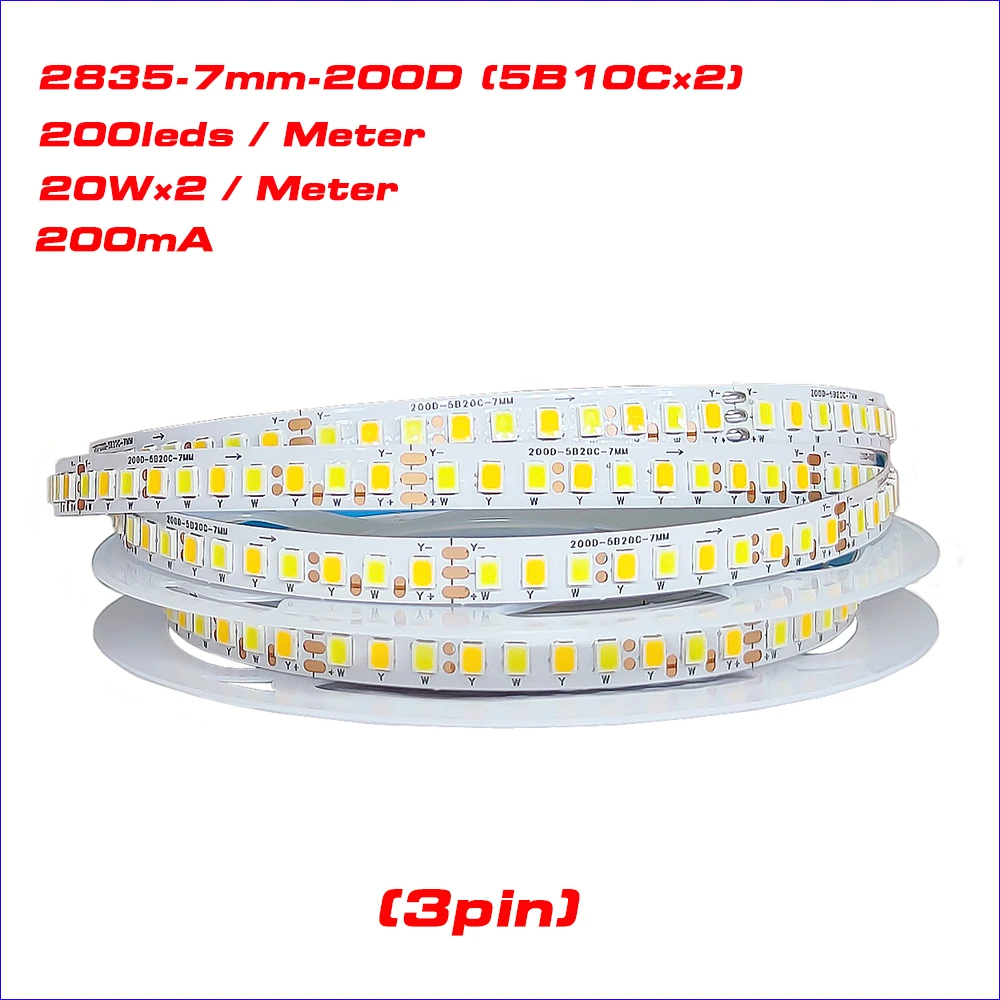 Highlight 5meters 2835-200D-7mm 5B10C×2 200mA SANAN Chip Constant Current LED Strip 20W×2/Meter 3colors Work with LED Driver