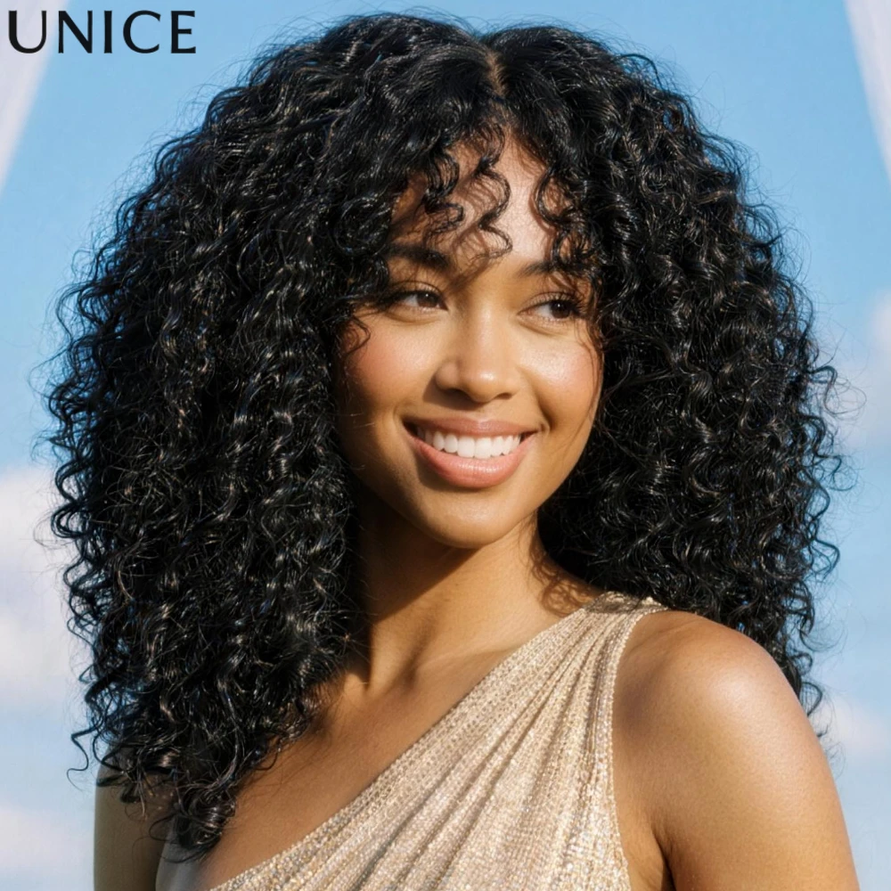 UNice 7x5 Bye Bye Slip™ Lace Burmese Curly Wig With Bangs & Finger Coil Ends Pull & Go Drawstring Glueless Human Hair Wig Ready To Go 150% Density image 4