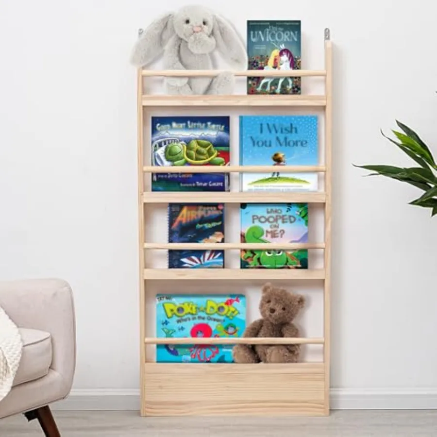 4Tier SpaceSaving Bookshelf Made of Pine Wood with Wall Mounted Design for Behind The Door Storage Ideal for Organizing 's Book