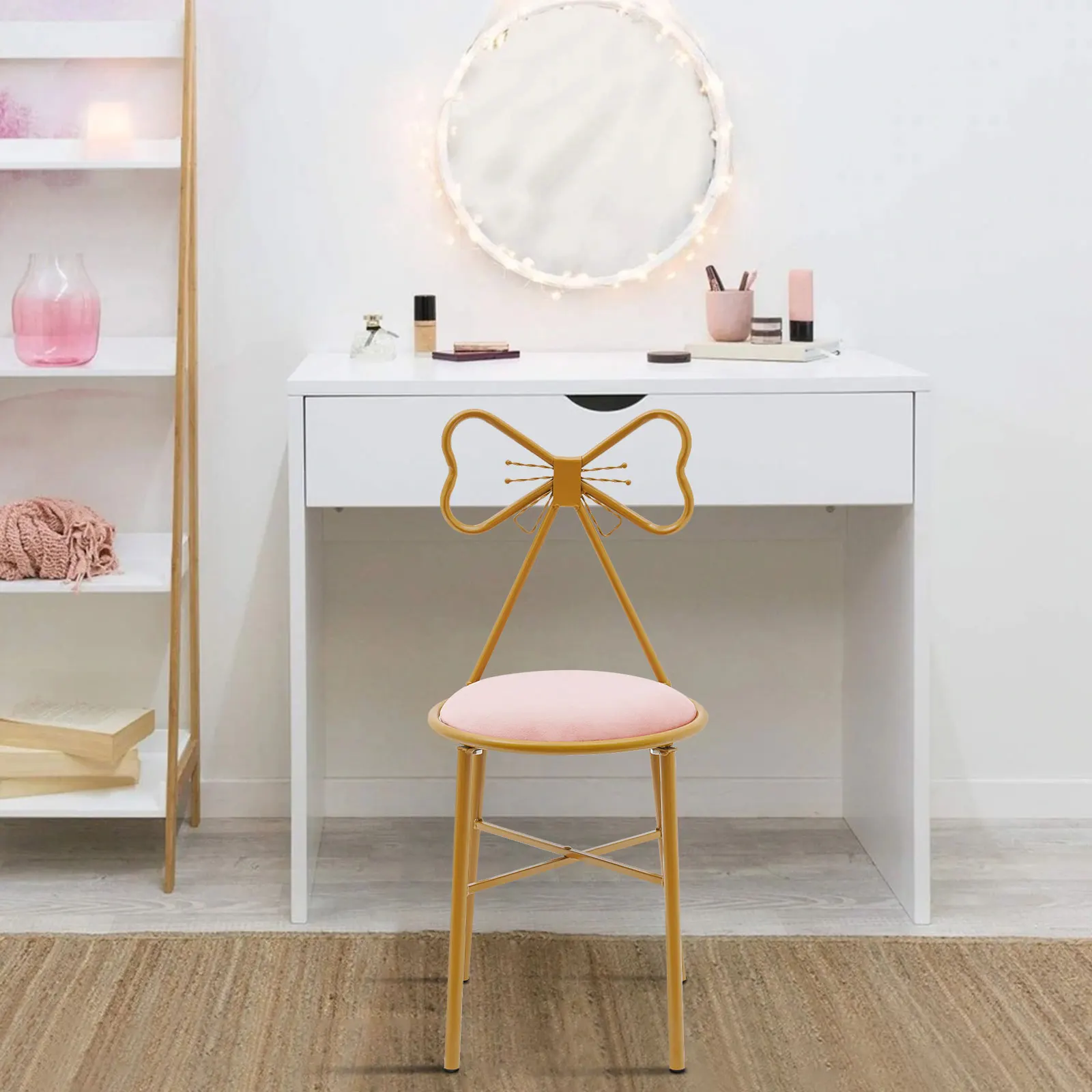 مقعد مكياج حديث، مقعد على شكل فراشة لطيف، مقعد عثماني، أرجل معدنية، كرسي طعام ذهبي لغرفة النوم وغرفة المعيشة #2