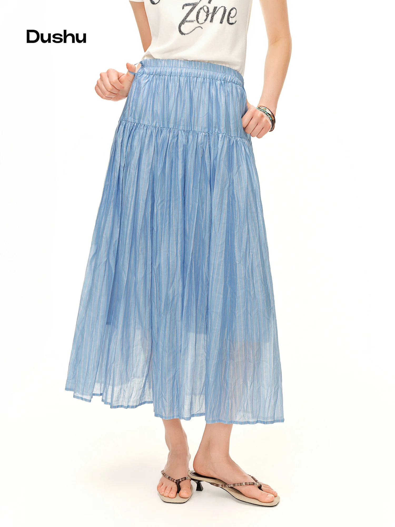 

DUSHU 2026 Summer Women‘s Striped Pleated Midi Skirt, High Waist A-Line Flowy Skirt for Relaxed Effortless Style, Multiple Sizes