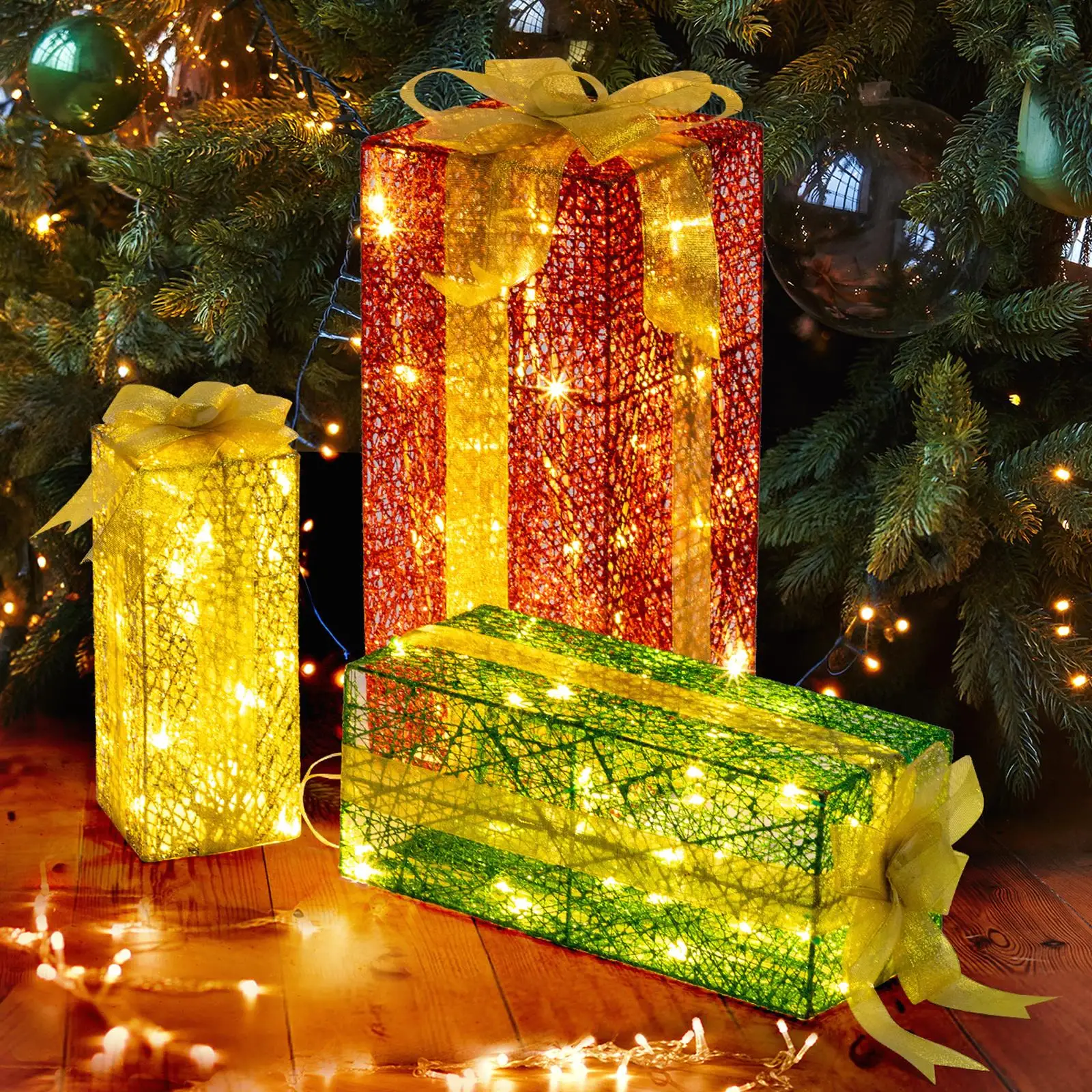 VINGLI Set of 3 Lighted Gift Boxes - Pre-lit Nestable Present Ornament with 90 Warm White Lights for Indoor/Outdoor for