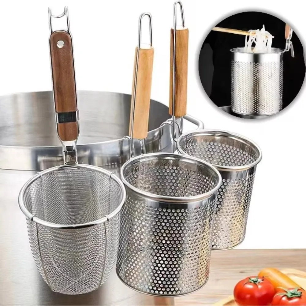 

Stainless Steel Noodle Funnel Wooden Handle Thickened Pasta Basket Strainer Multifunctional Noodle Dumplings Mesh Basket