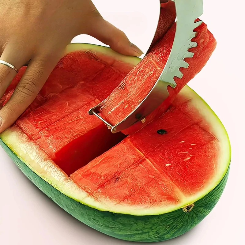 Safe & Colorful Stainless Steel Watermelon Slicer: Non-slip, Plastic Wrap Handle for Effortless Cantaloupe & Fruit Cutting