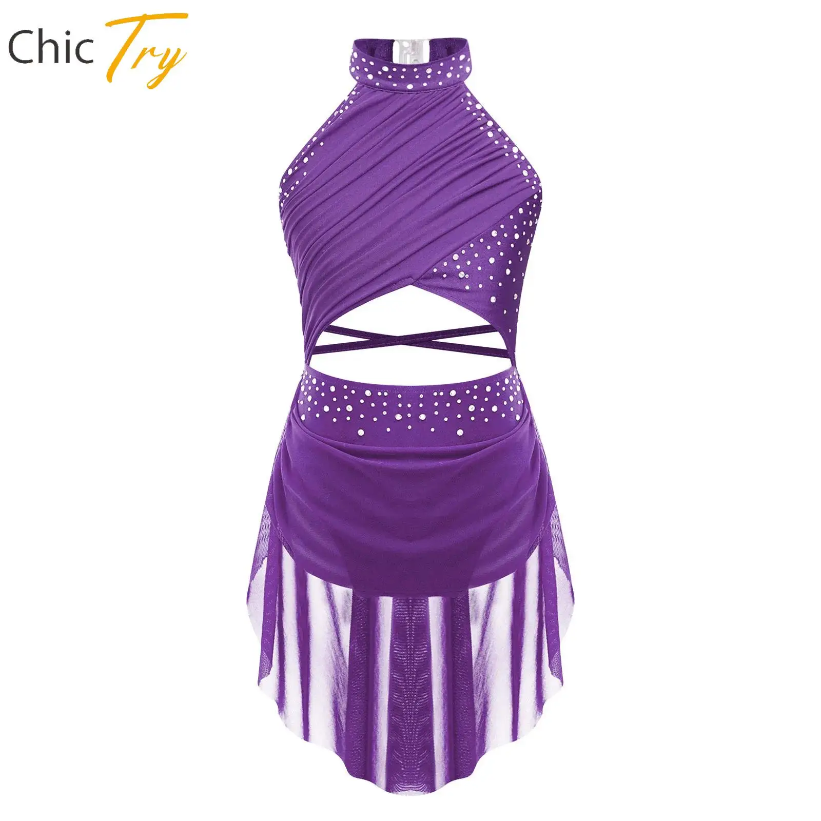 

Children Girls Rhinestone Modern Lyrical Dance Dress Gymnastics Performance Party Costume Backless Sheer Mesh Tutu Leotard Dress