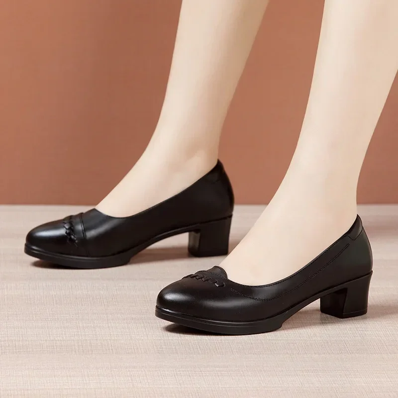 4cm Elegant Comfortable Med Block Heels Shoes Women Pumps 2024 Fall Soft Leather Platform Shoes for Office Work Mom Court