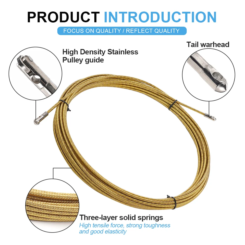 10M 4mm Spring Fish Tape Wire Threader with Dual Heads Cable Puller for Electricians Wall Conduit Wiring Tool