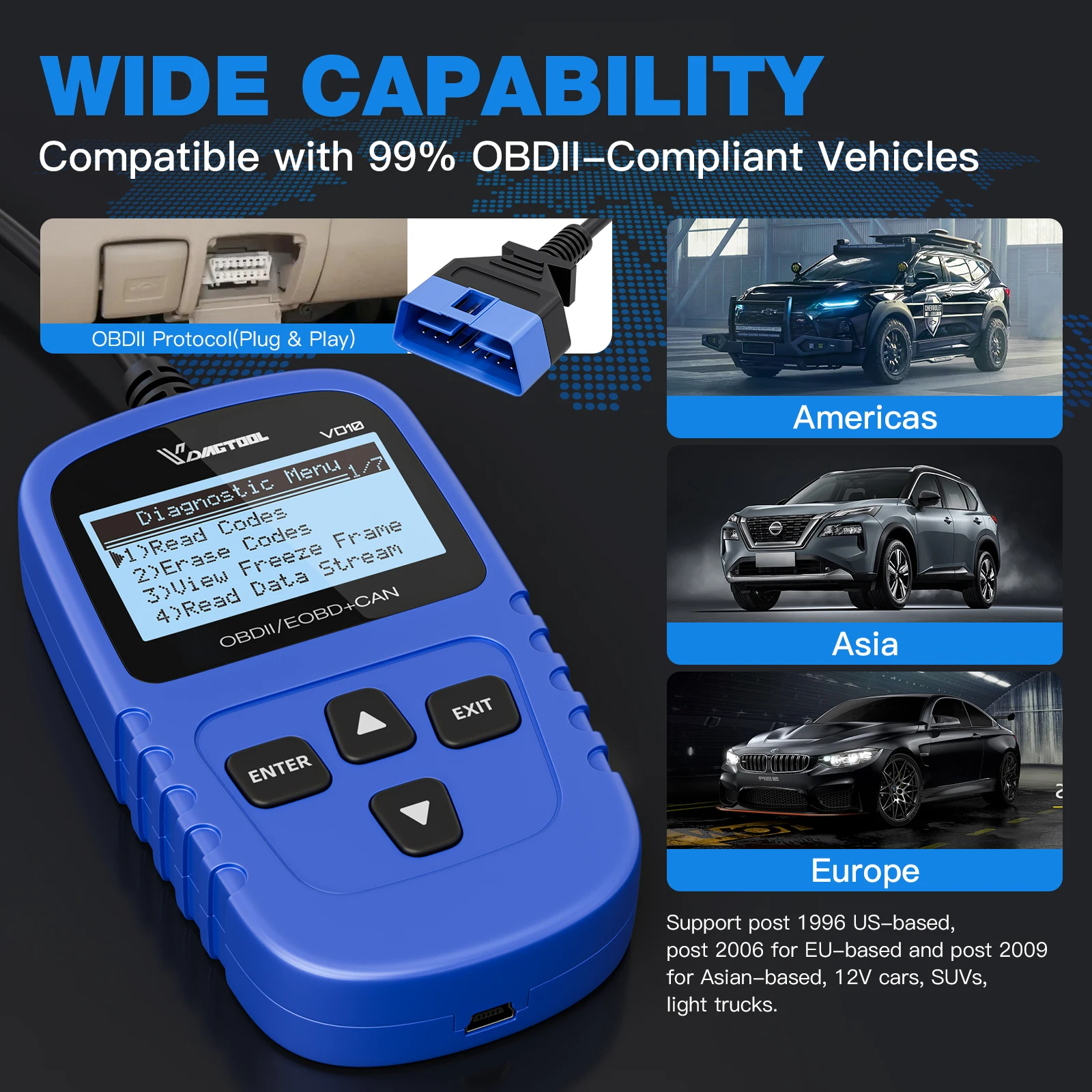 VDIAGTOOL VD10 OBD2 Scanner Strumento diagnostico Scanner automobilistico con lettore di codici di lettura I/M Controlla l\'aggiornamento gratuito a