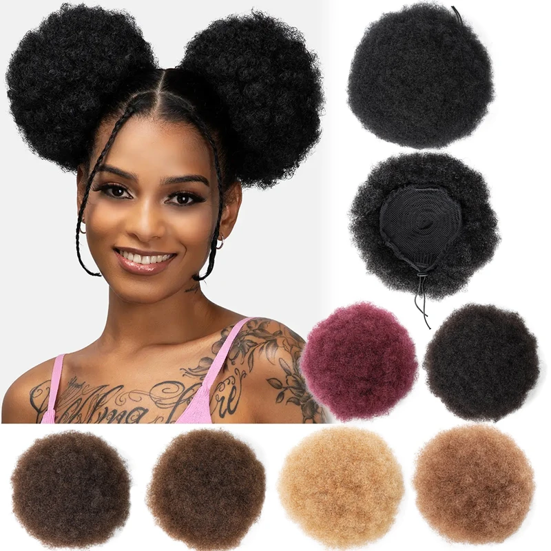 

8-дюймовый афро пышный хвост на шнурке, пучок из 100% человеческих волос, короткие афро-кудрявые афро-булочки, наращивание шиньонов