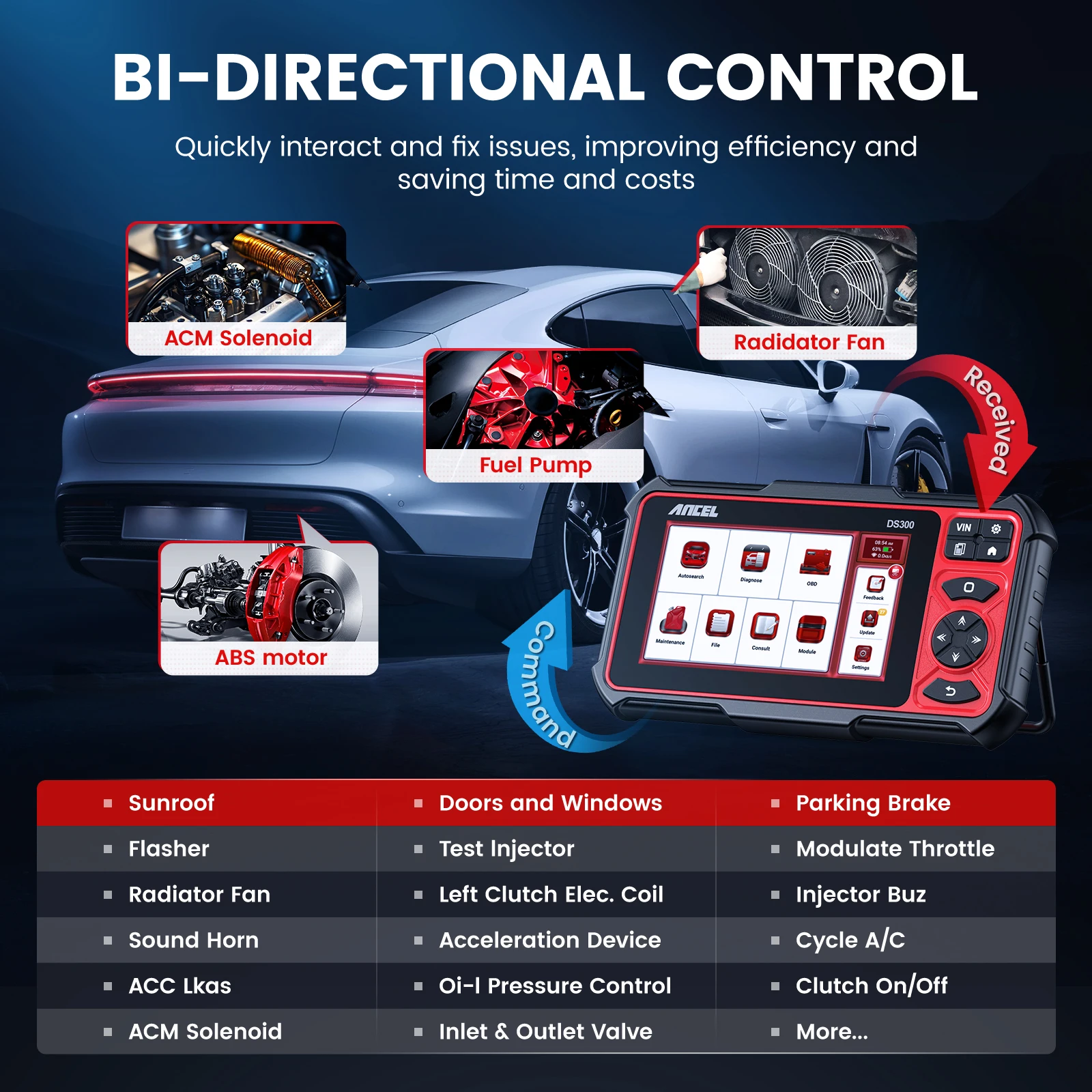 Herramienta de diagnóstico automotriz de sistema completo, escáner bidireccional OBD2, codificación FCA ECU, reaprendizaje, prueba activa FCA, más de 30 reinicias, ANCEL DS300