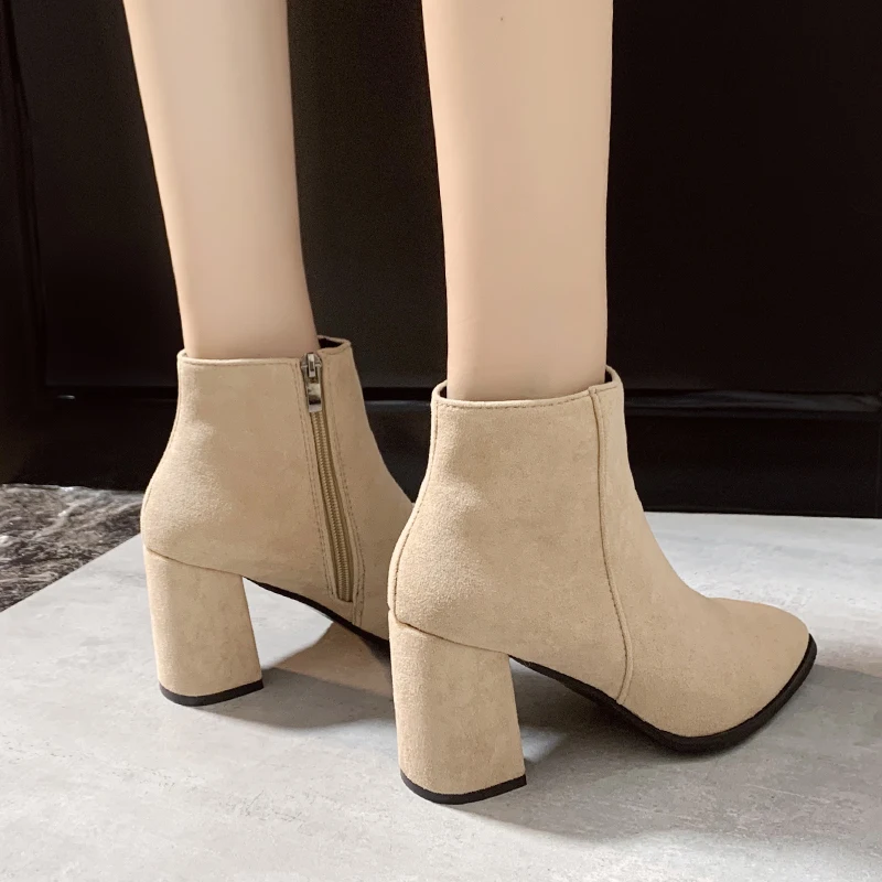 New Autumn Thick Heel Side Zipper Suede Short Boots Pointed Fashion High Heel Women's Boots