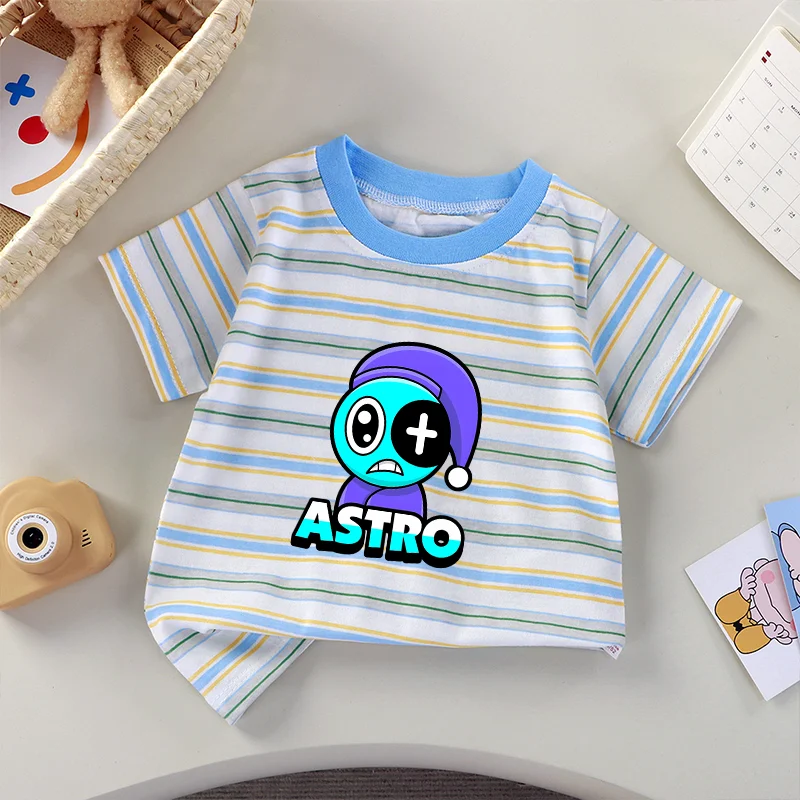 

Dandys World Short Sleeve Boys & Girls Cotton Stripe Breathable Summer Short Sleeves Game Cartoon Figure Print Tops Kids Gift