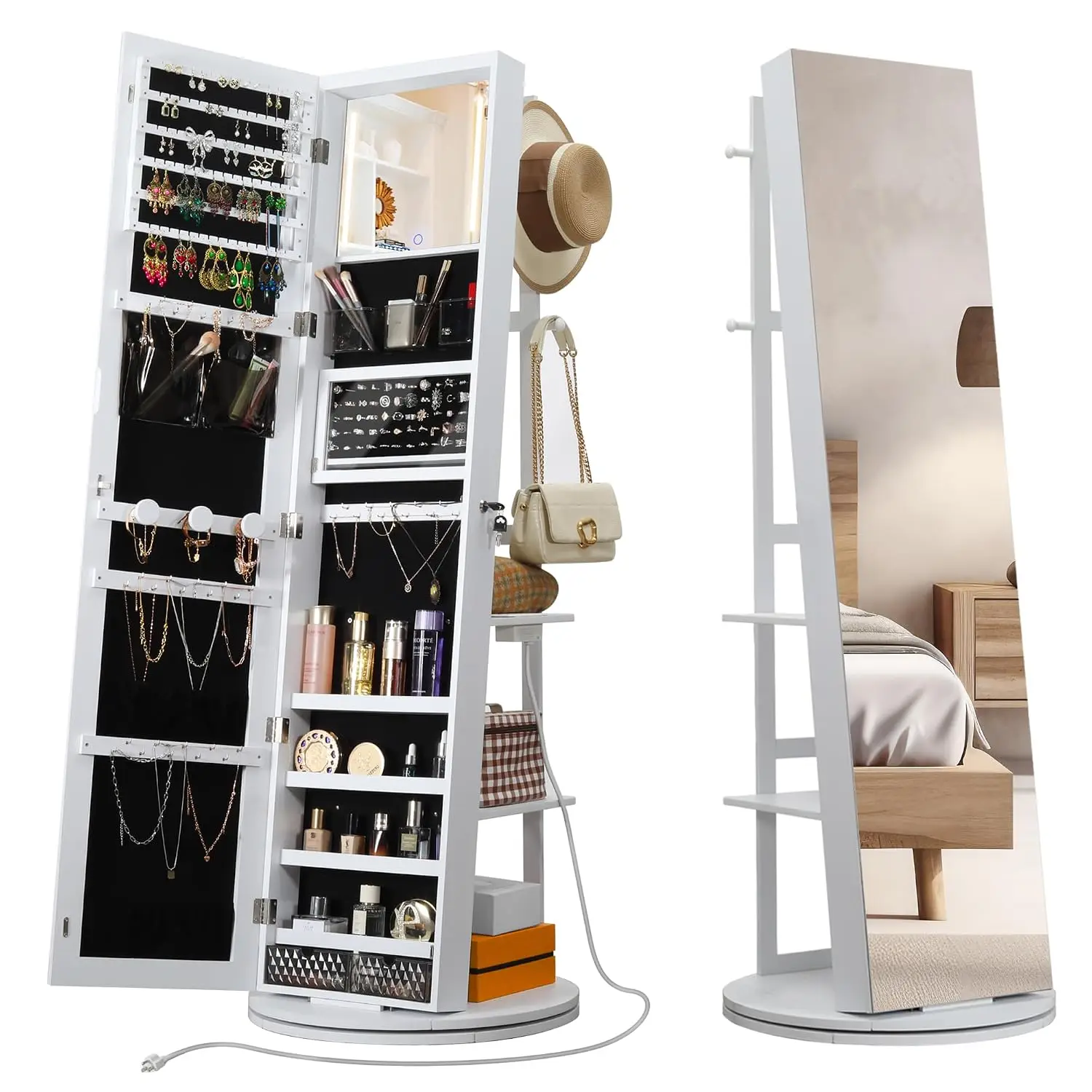 Swivel Jewelry Cabinet with Mirror & Power Outlet, Lockable Organizer with Storage, Interior Mirror & LED Lights, Customized