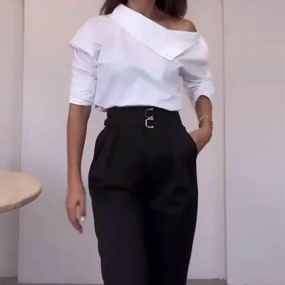 Willshela Donna Moda Pullover Camicetta bianca Una spalla Maniche lunghe Donna Chic Mujer Top Camicia