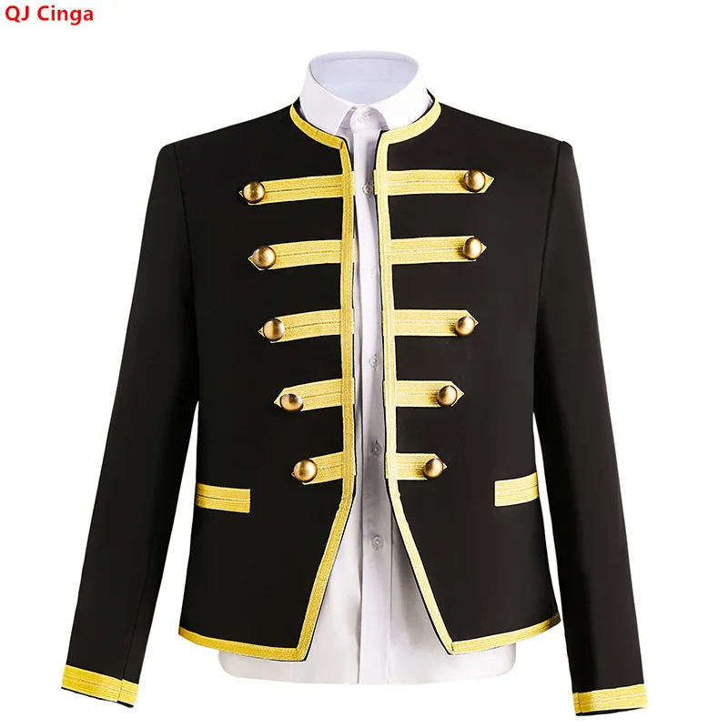 Court-style Men's Black Jacket with Gold Trim; Outerwear for Nightclubs, DJs, Parties, and Stage Performances.