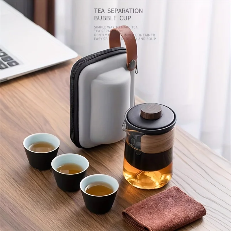 Portable Ceramic Tea Set with Travel Case, 3 Cups – Compact Kung Fu Tea Infuser Set for Personal Use, Ideal for , Office, or O