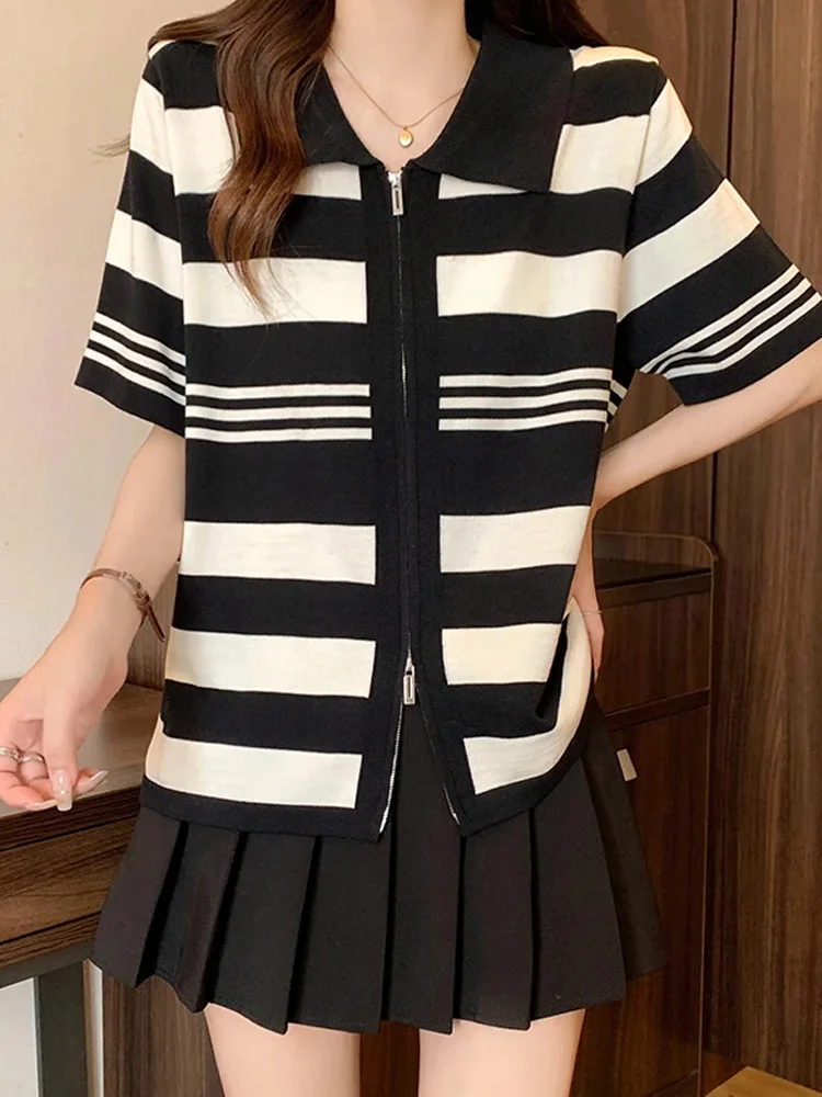 Plus Size Knit Sweater Cardigan For Women Vintage Striped Short Sleeve Knitwear Tops 2024 Summer Elegant Korean Fashion Jumpers